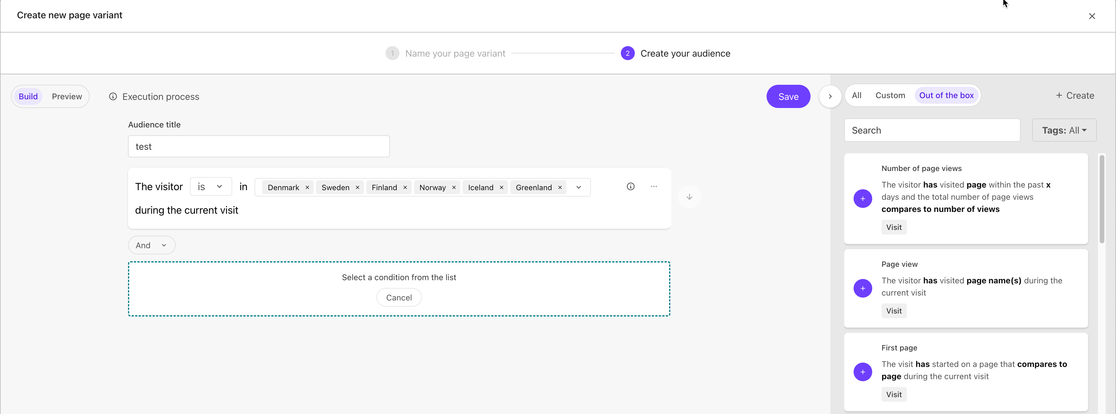 Screenshot of the audience builder