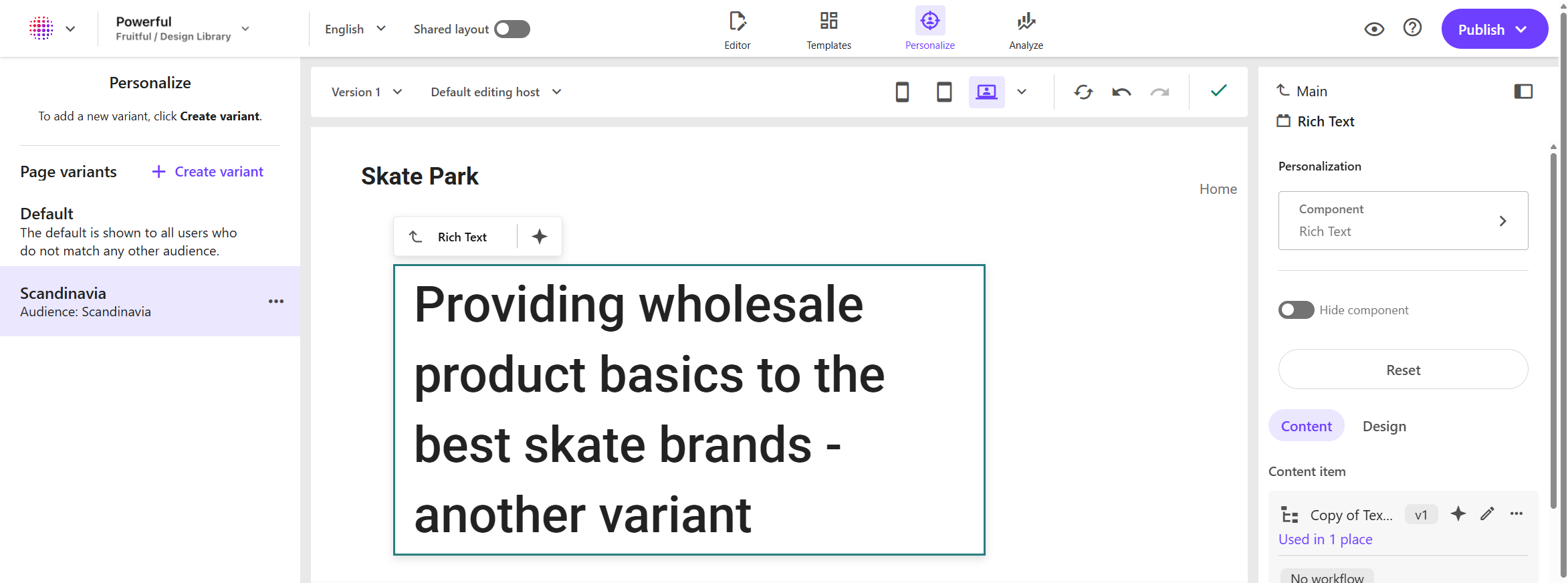 Screenshot of a page variant in Page builder Personalize
