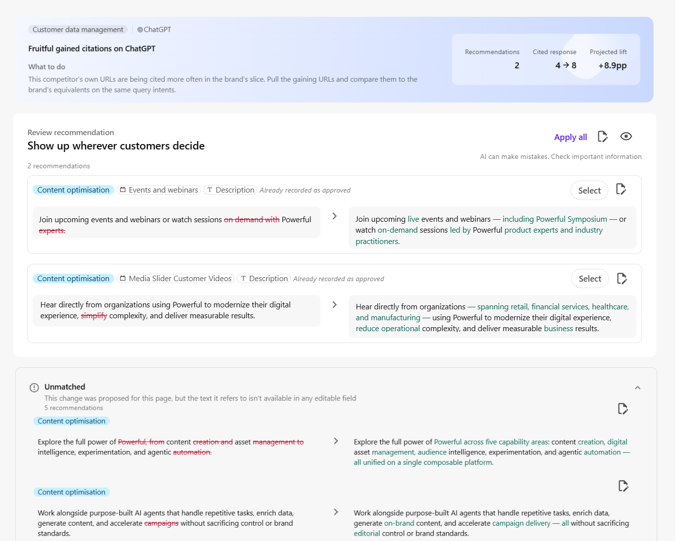 The content update review page showing original and suggested content side by side. The content update review page showing original and suggested content side by side.