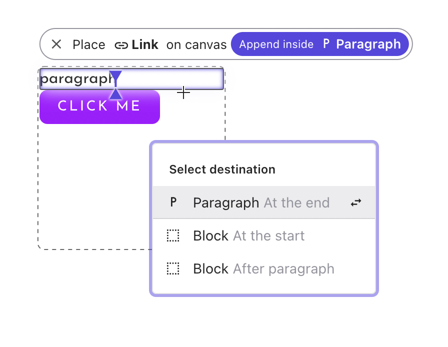 Screenshot of an element being repositioned in a block using a destination panel Screenshot of an element being repositioned in a block using a destination panel