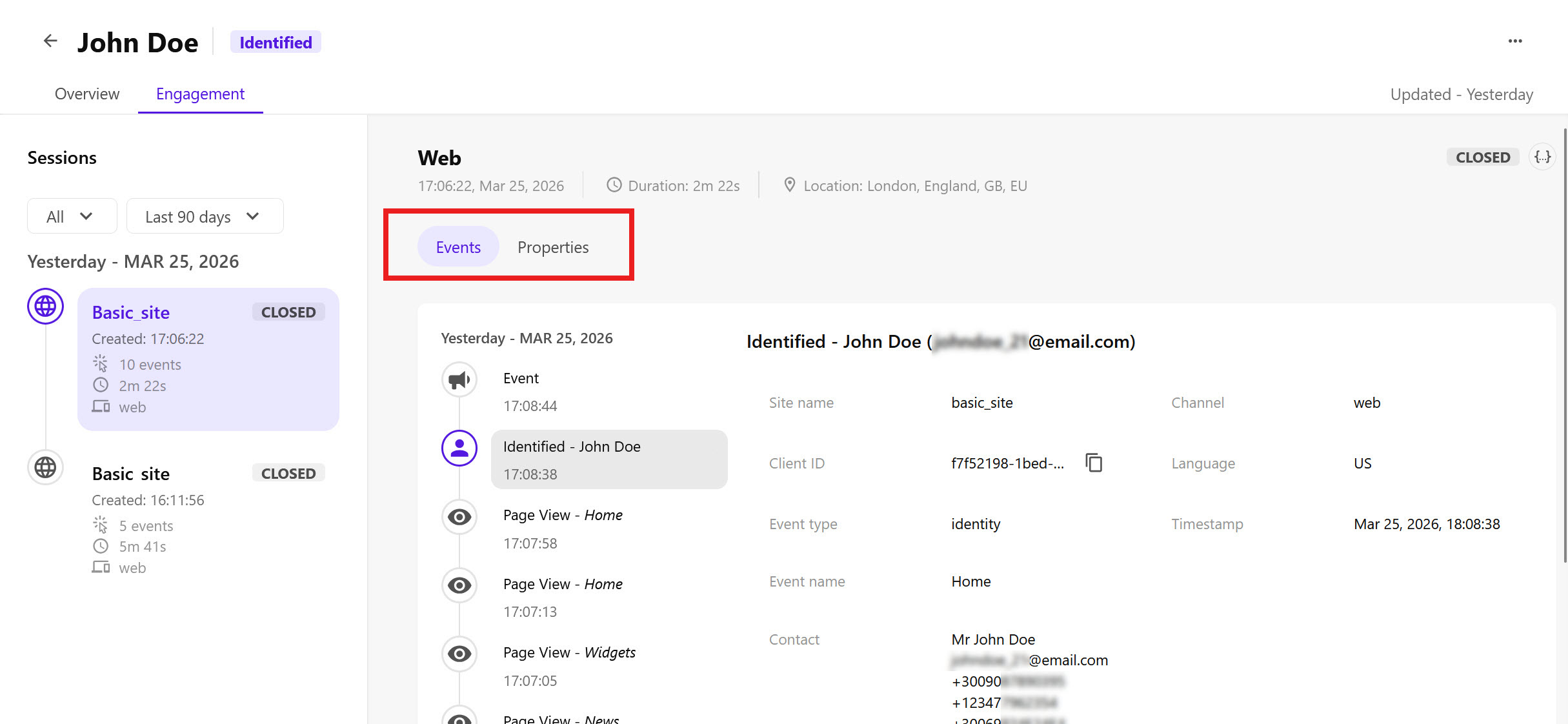 The Engagement tab main content area, displaying the Events and Properties tabs