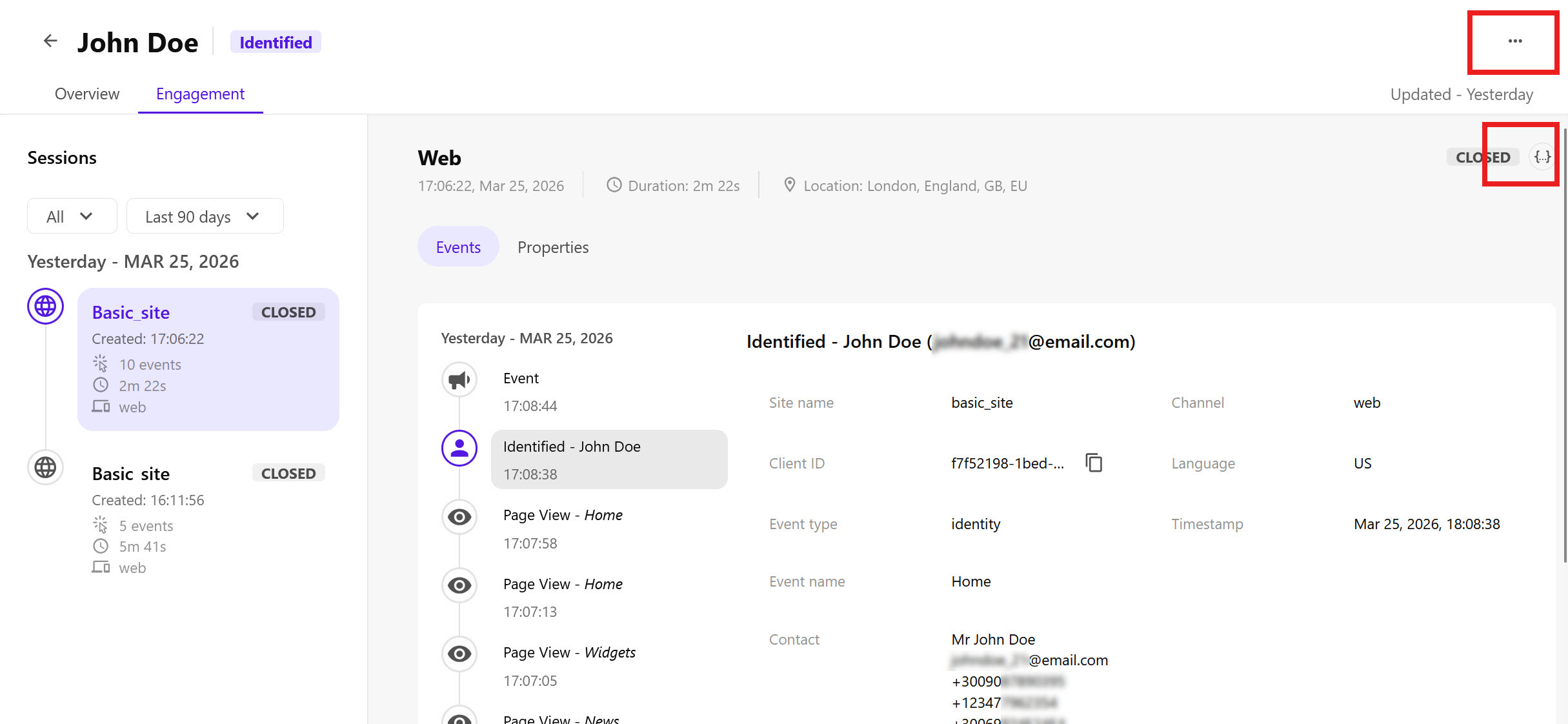 The upper-right area of the profile details page, displaying inspection buttons.