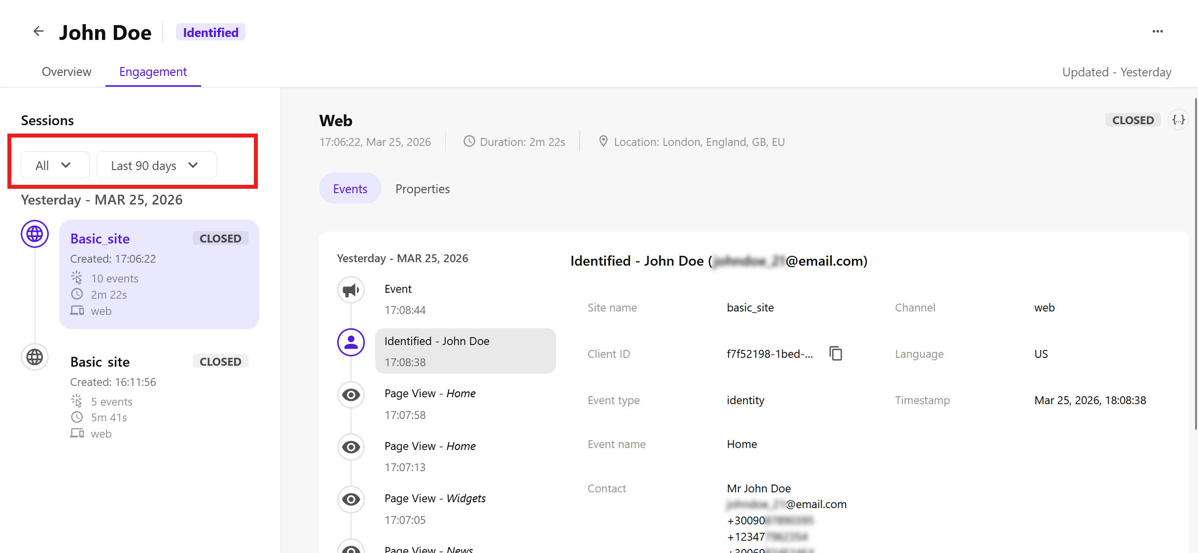 Sessions timeline filters for channels and date