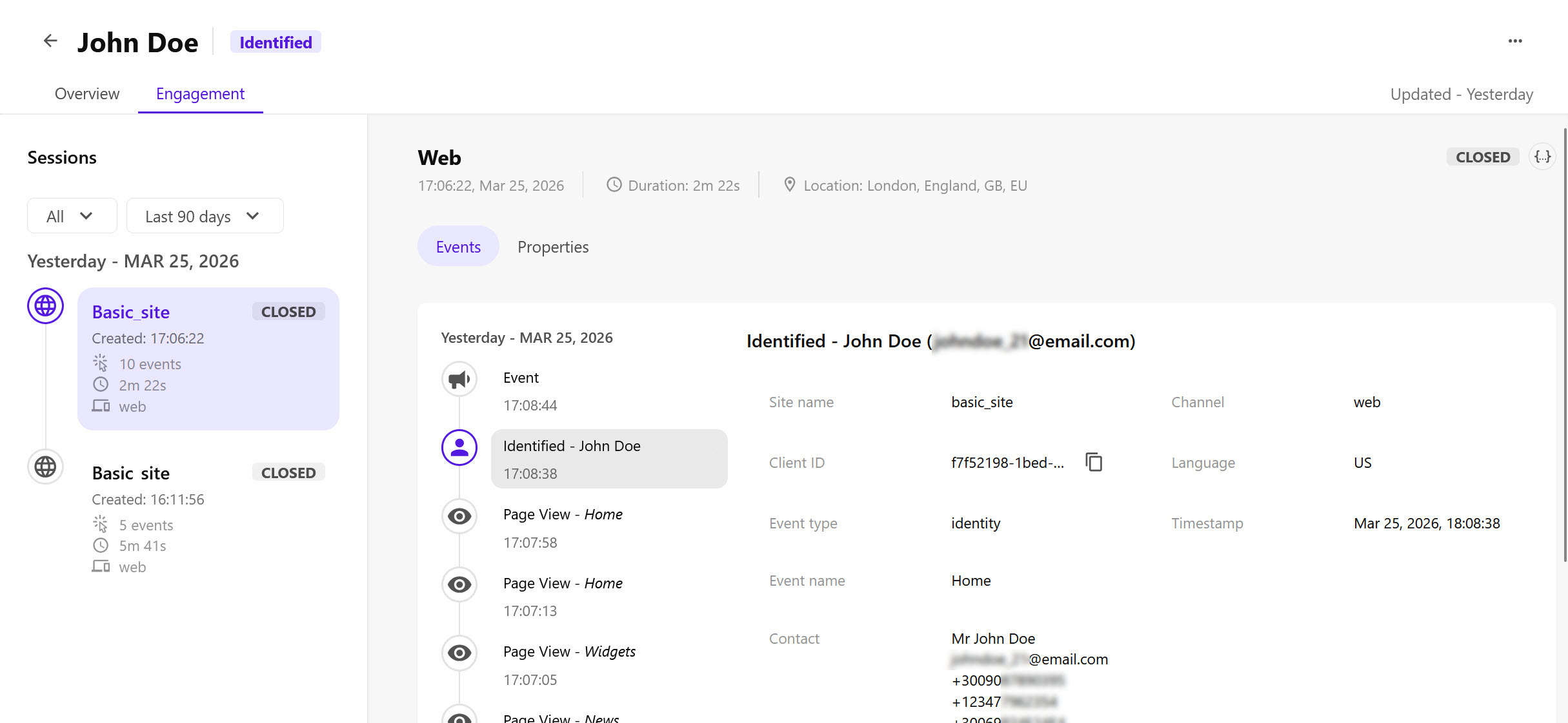 The Engagement tab displaying a sessions timeline and session details.