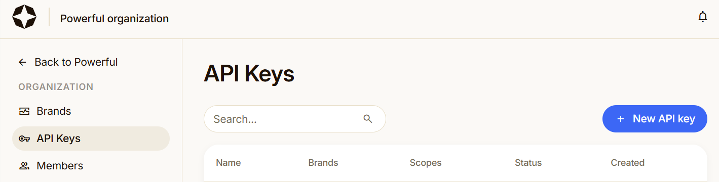 In the side navigation, in the Organization section, click API Keys > New API key In the side navigation, in the Organization section, click API Keys > New API key