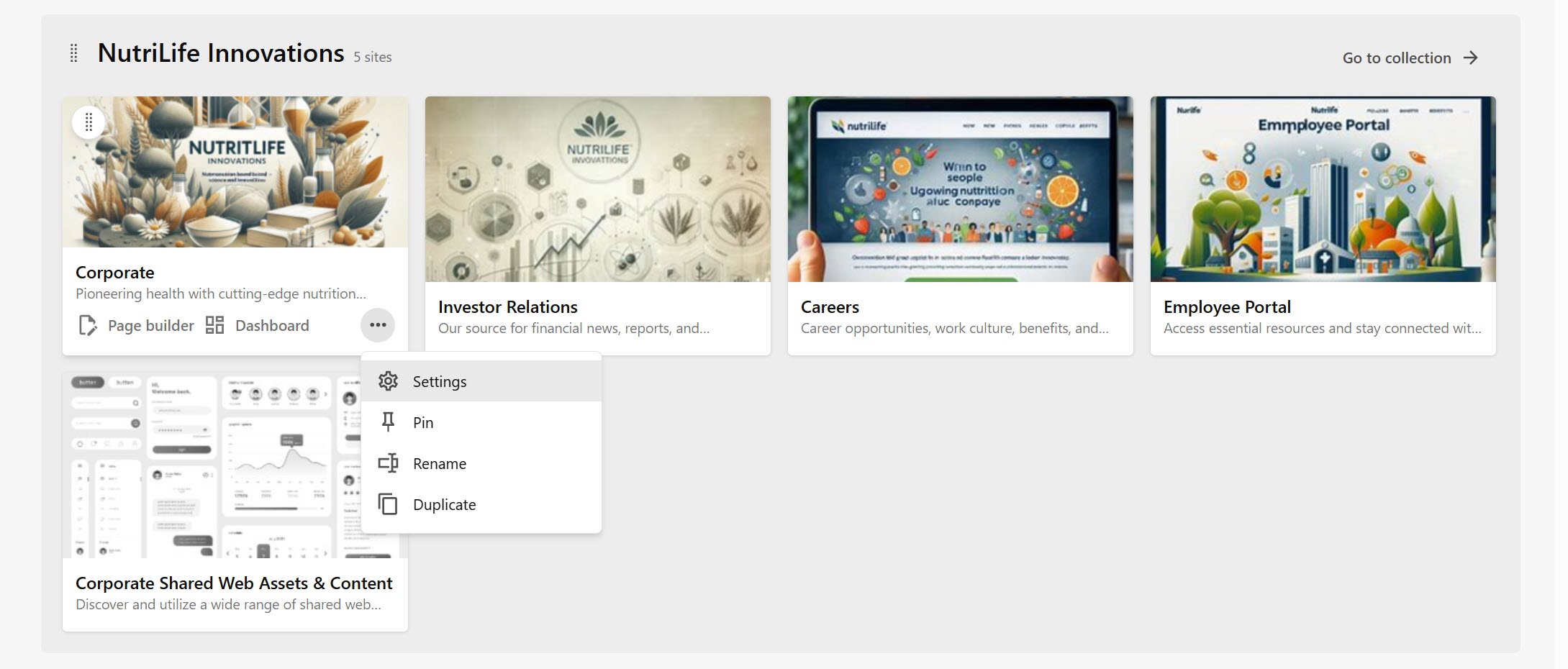 Available site actions on the site tiles in a collection in Channels