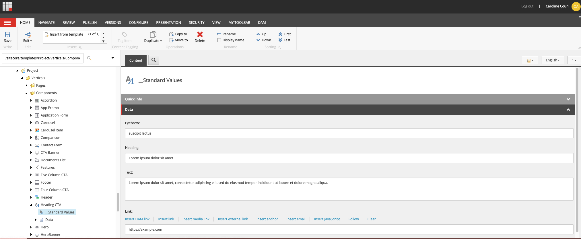 Standard values in the Content Editor