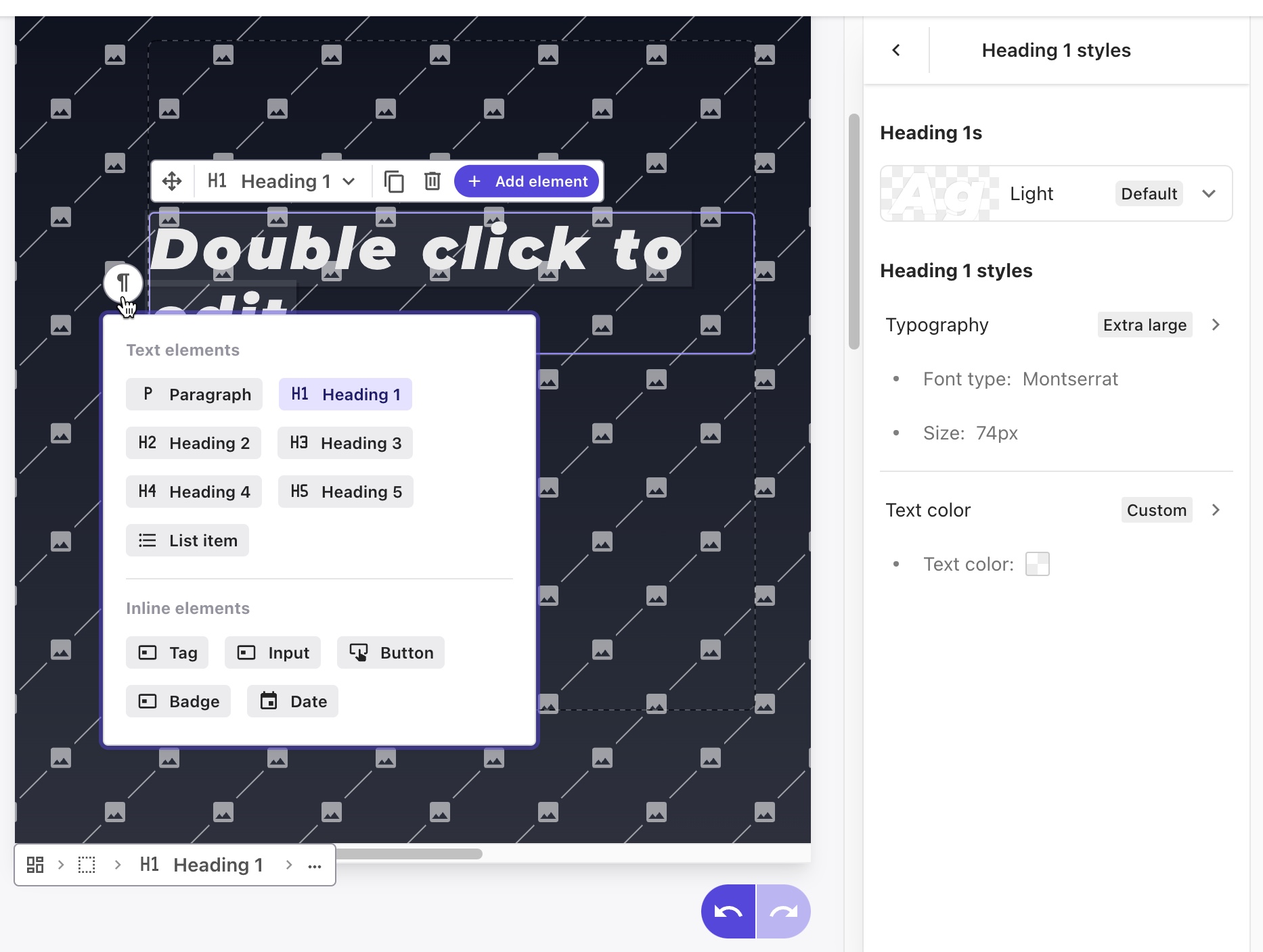 Style text using the options in the right-hand pane or by picking a new Text element. Style text using the options in the right-hand pane or by picking a new Text element.