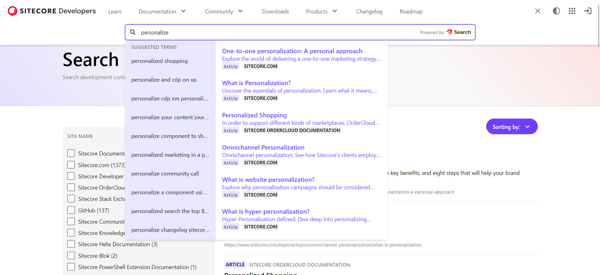 A list of search suggestions displaying as the site visitor enters text in a search field.