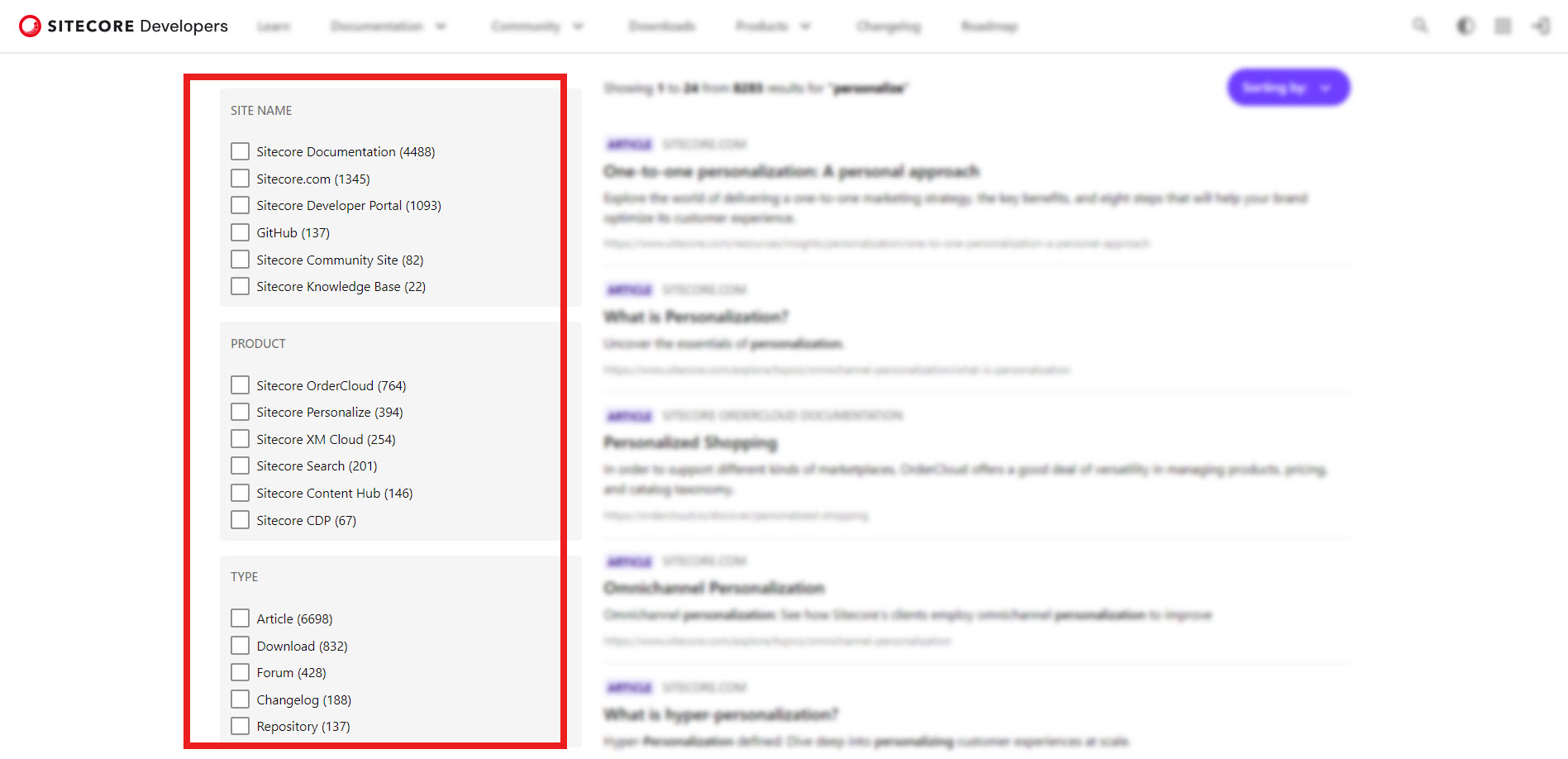 Elements of a facet in the developers.sitecore.com user interface