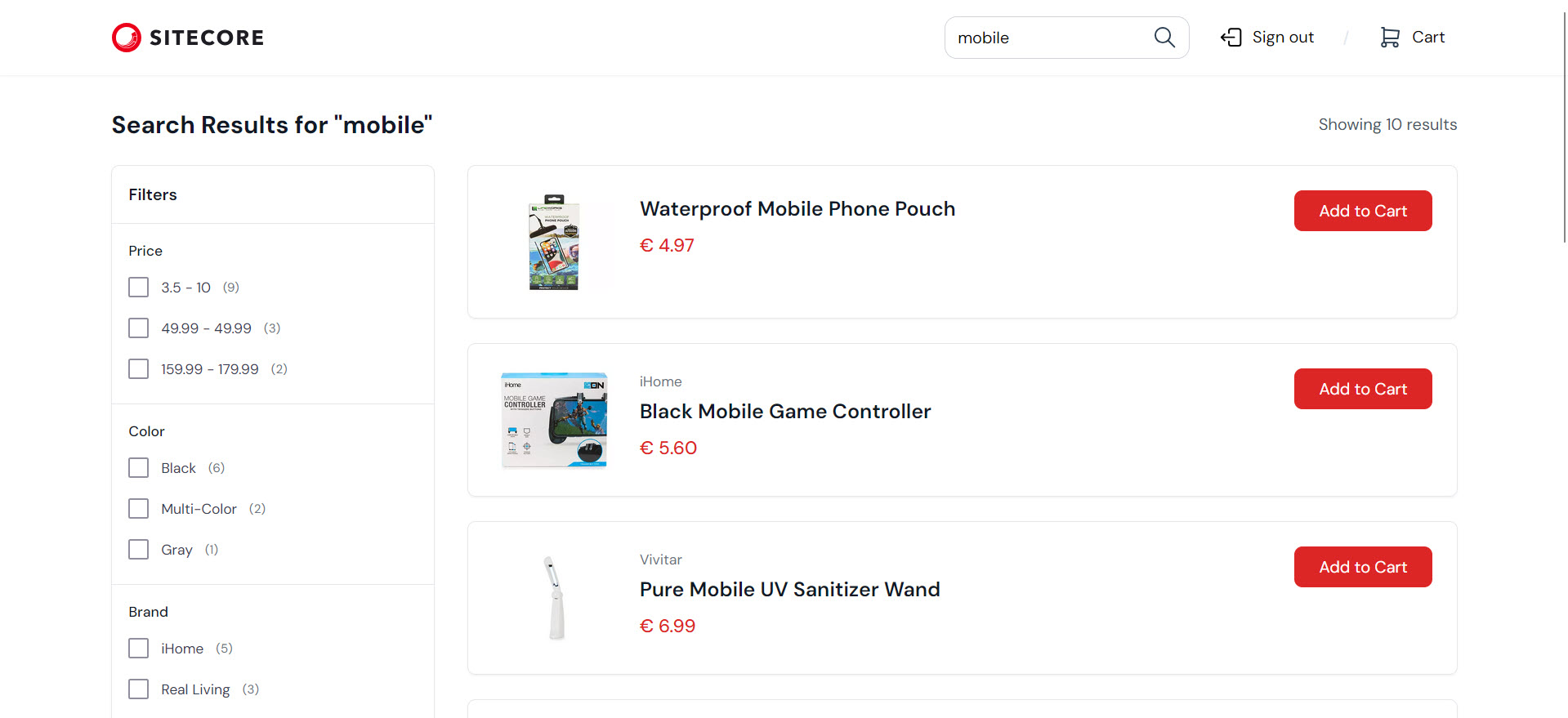 A search results page listing results for "mobile" and displaying faceted search for filtering results.