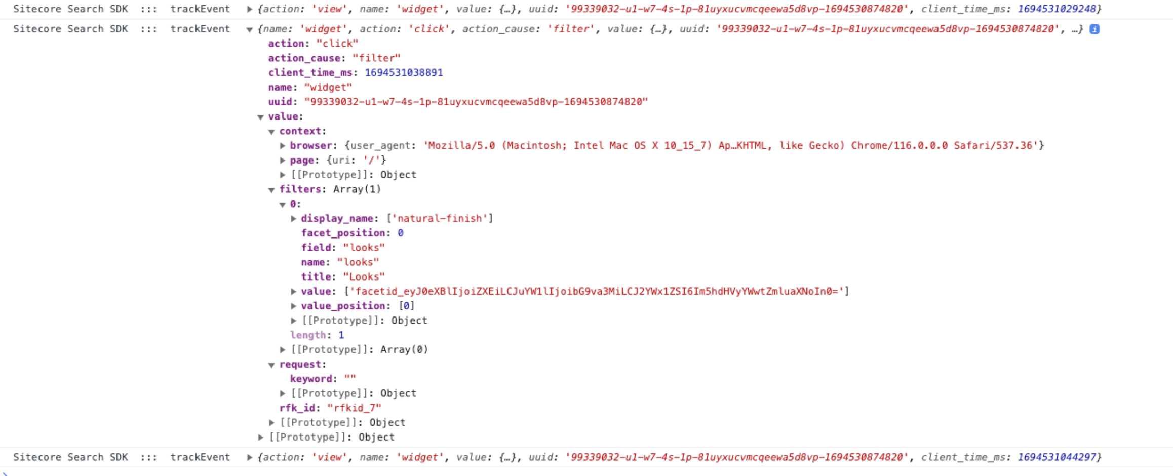Screenshot of an event tracking log in the browserr console.