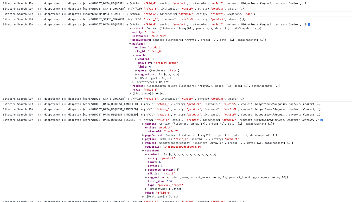 Screenshot of a search request and response log in the browser console.