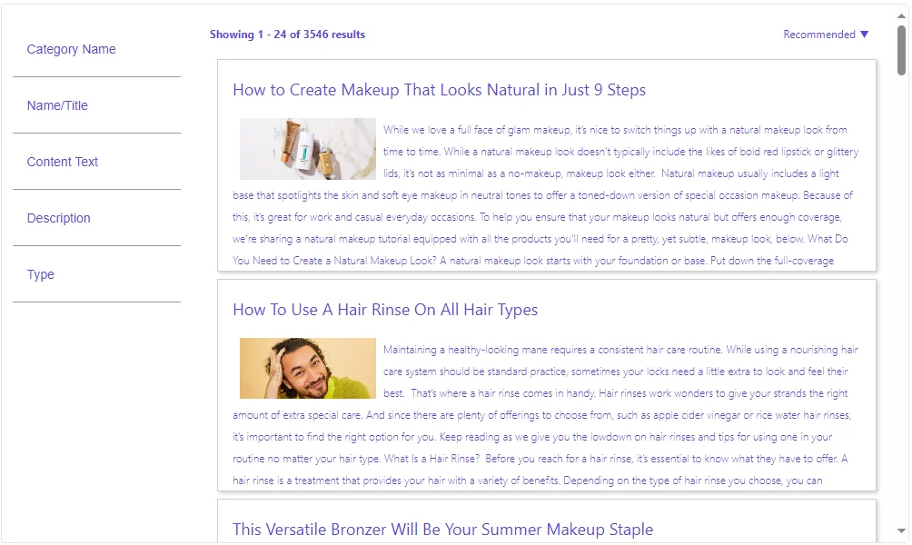 Screenshot of a search results widget with menu on the left.