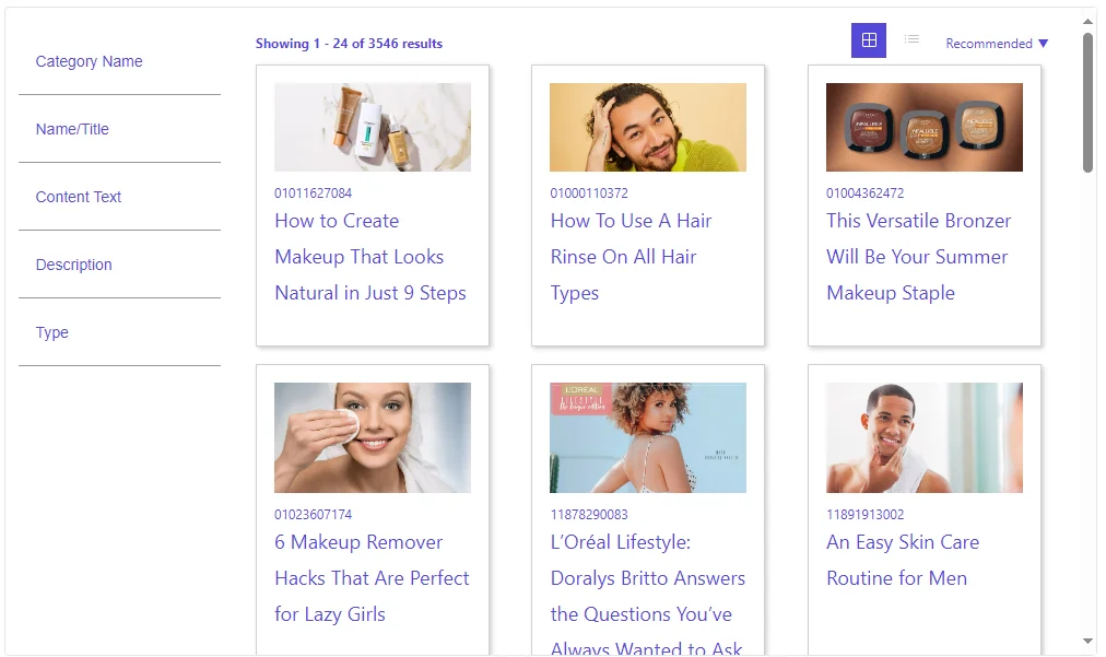 Screenshot of a search results widget with layout options.
