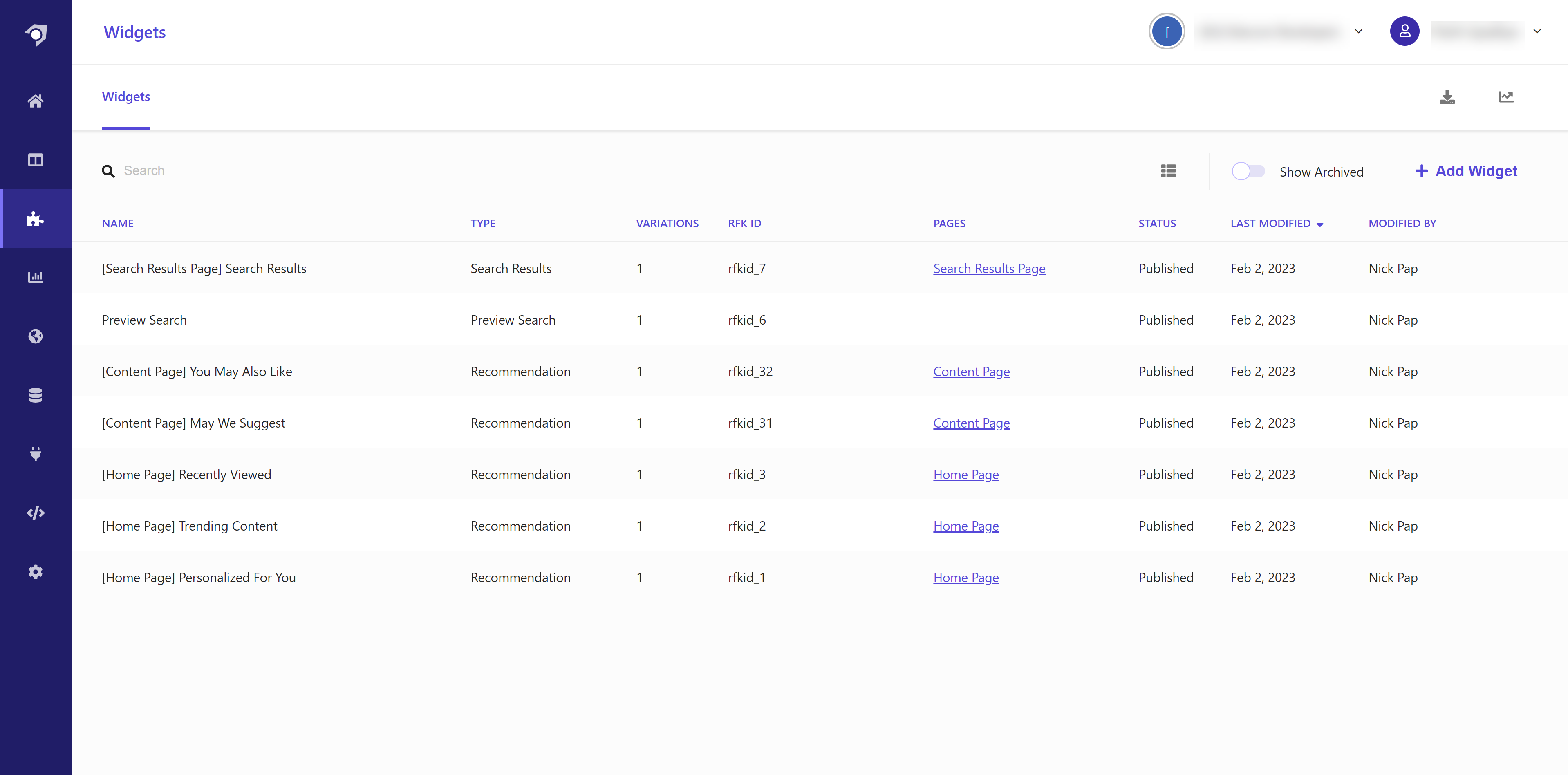 Screenshot of the widgets page.