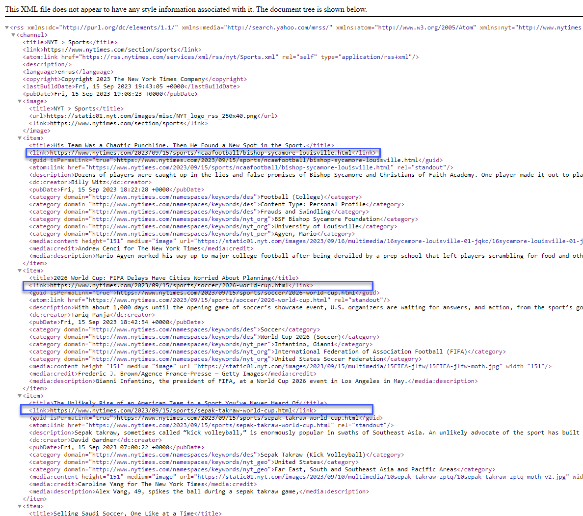 An RSS file with many elements. There are three link elements within the item element. The link elements contain URLs. An RSS file with many elements. There are three link elements within the item element. The link elements contain URLs.