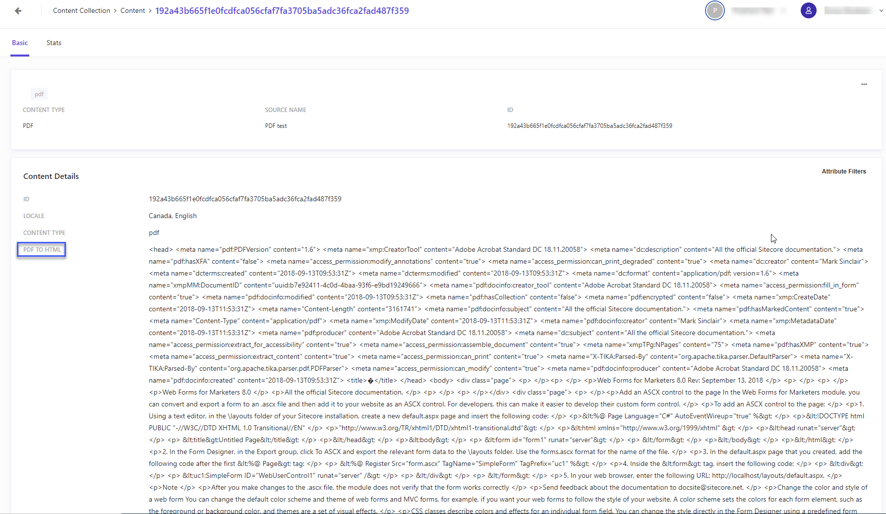 The Content Details page of an item in the Content Collection. There is a PDF to HTML section displaying lots of HTML code.