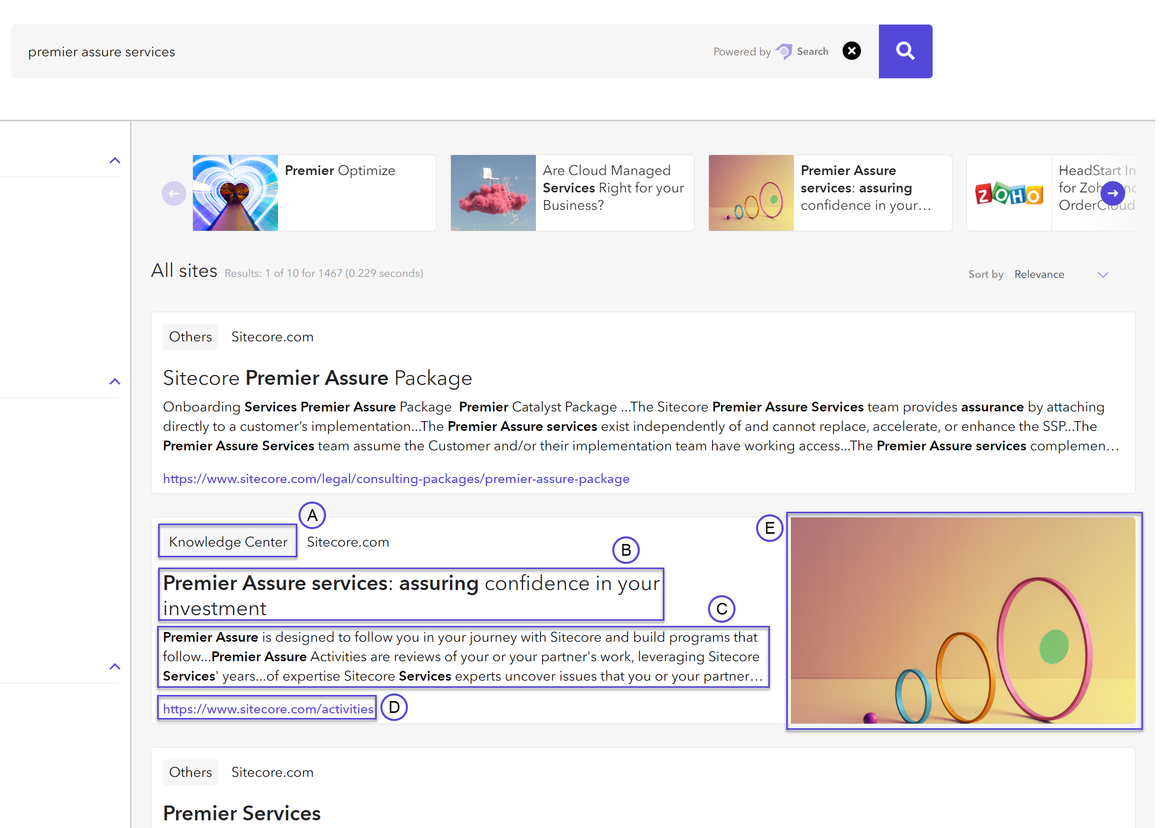 Link between displayed information and the attributes of a result item in a search results widget.