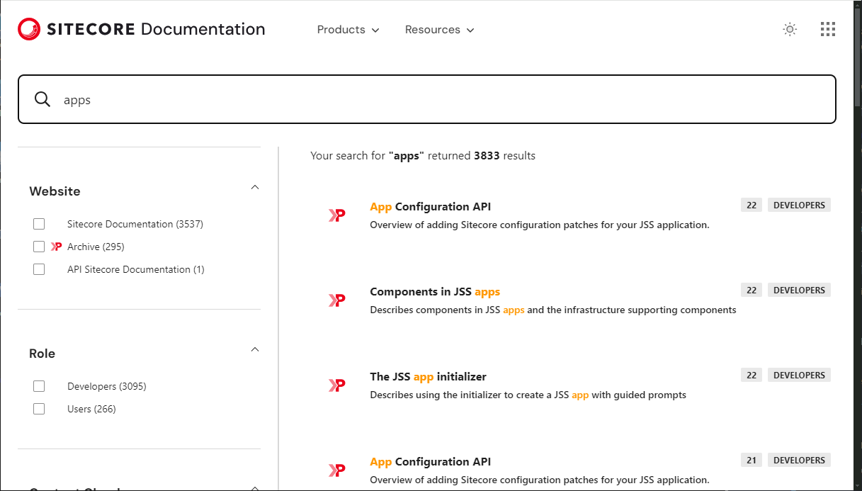 Sitecore.com documentation site showing a search results widget with list of facets in the left.
