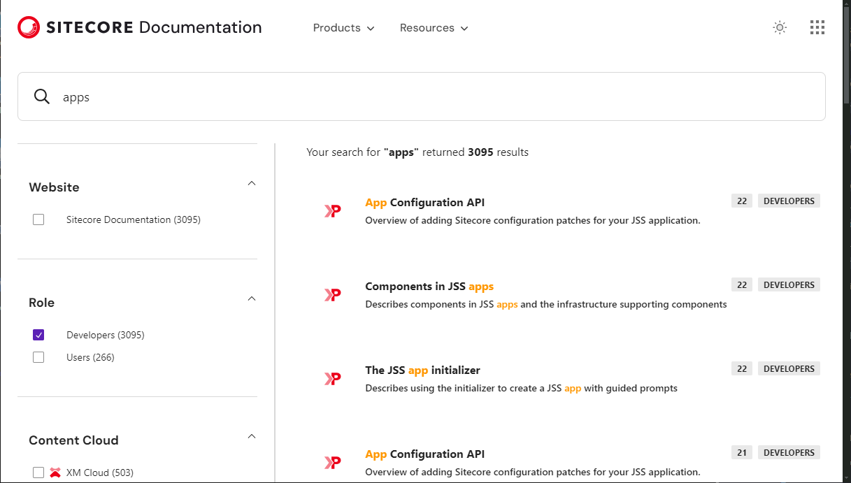 Sitecore.com documentation site showing a search results widget with a facet value selected.