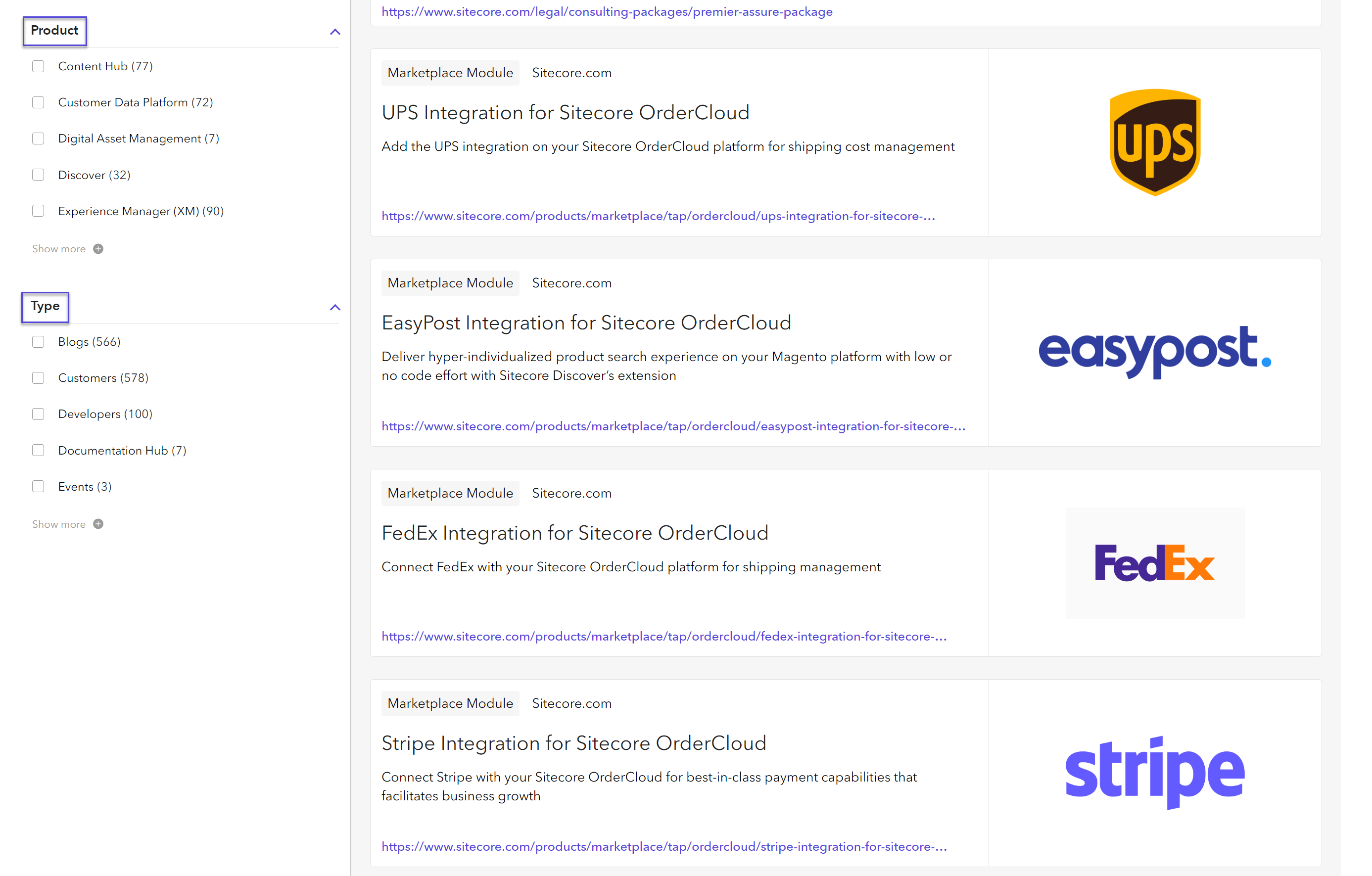 Screenshot of facet options in a search results widget.