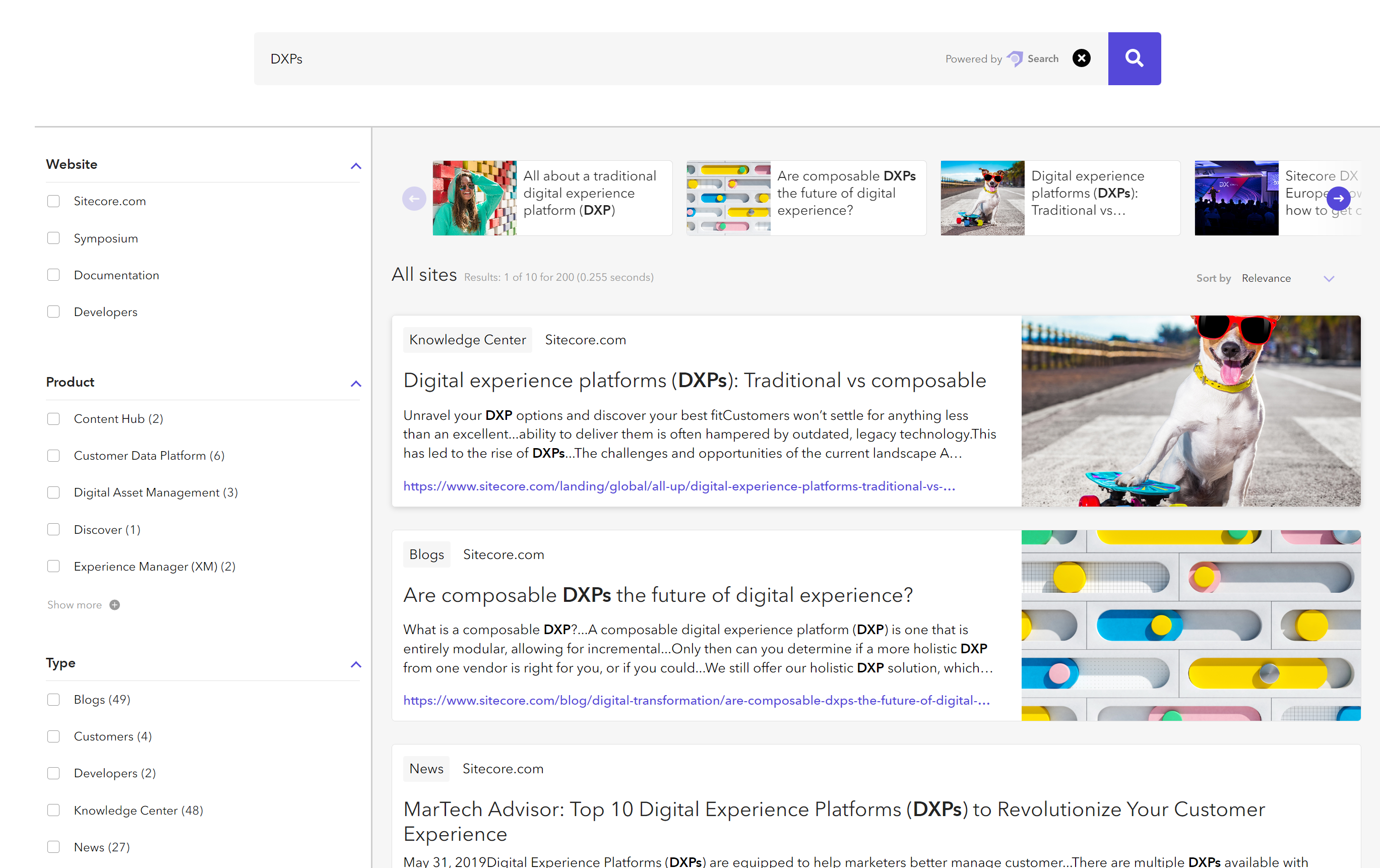 Screenshot of Sitecore.com search page with "DXPs" typed in search bar and relevant search results displayed.