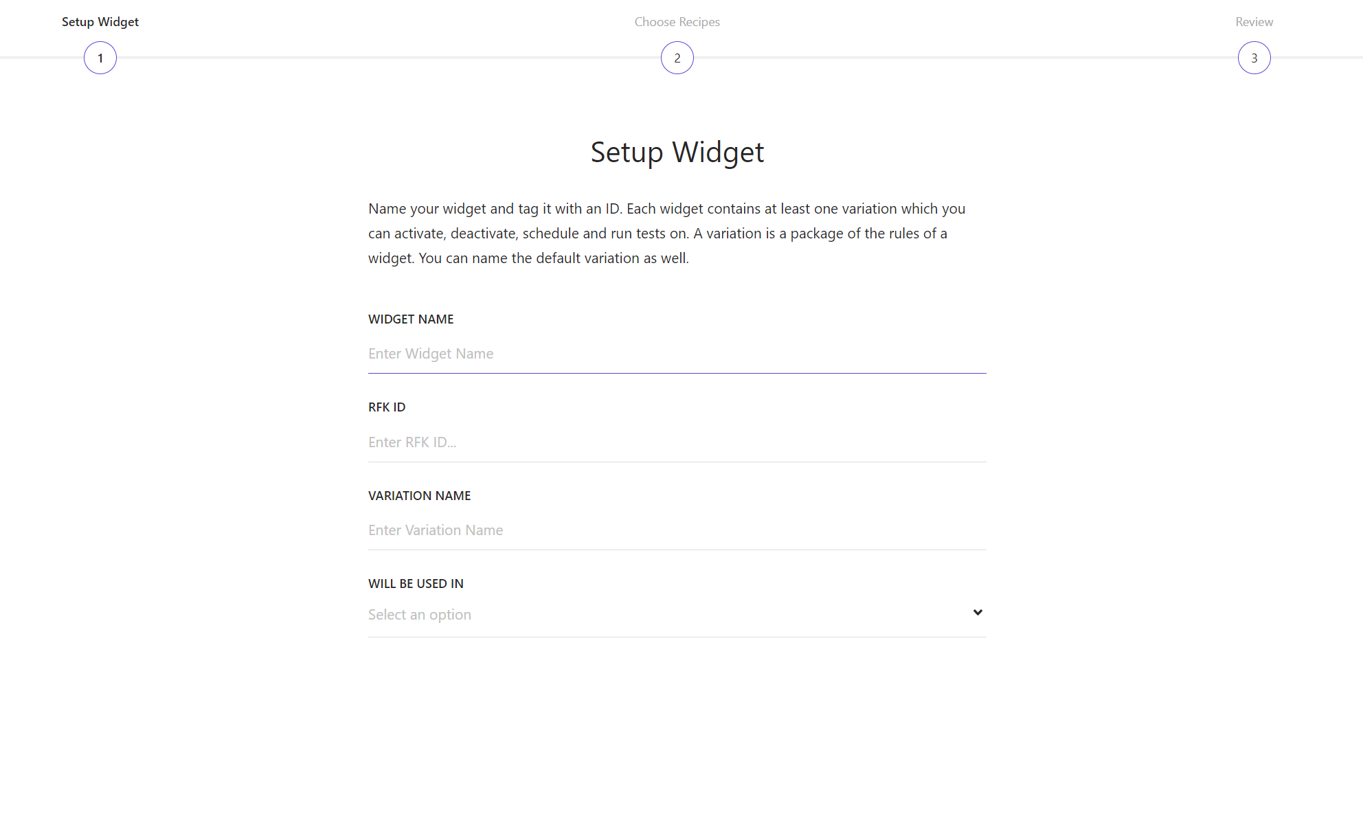 Setup widget screen with widget name, RFK ID, variation name, and will be used in fields.