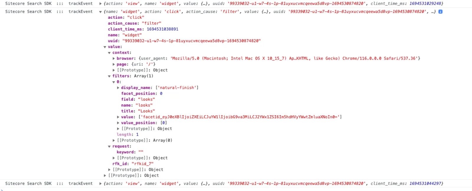 Screenshot of an event tracking log in the browserr console.