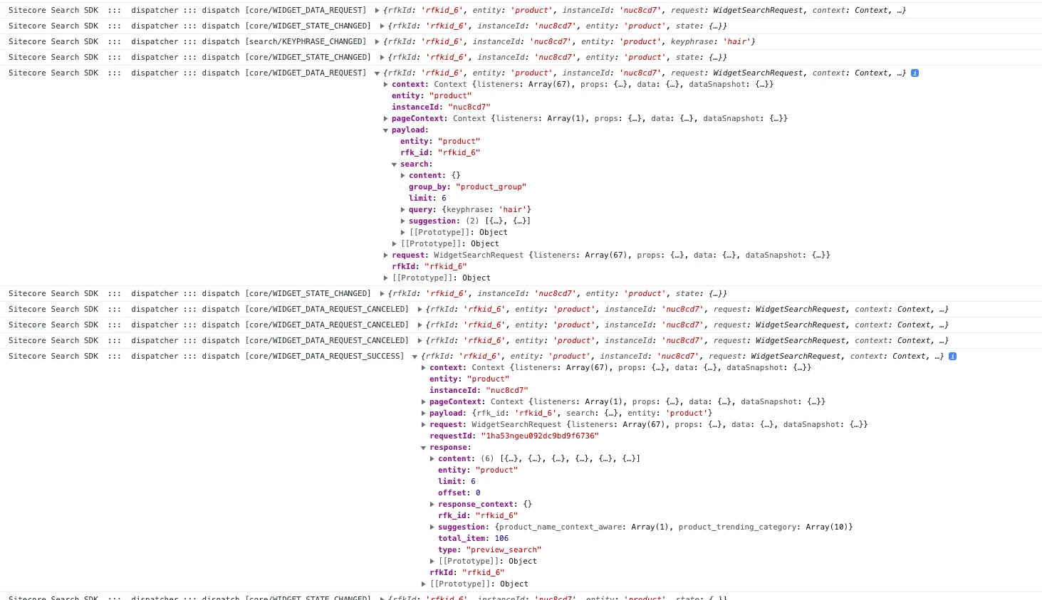Screenshot of a search request and response log in the browser console.