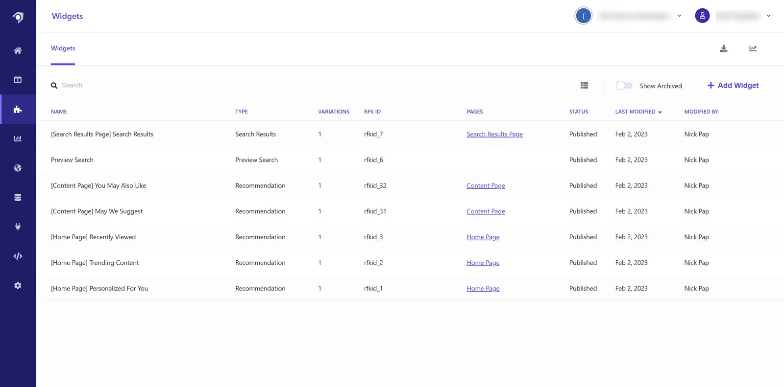 The Widgets page displays a list of widgets with their name, rfk_id, type, status, and the hosted page.