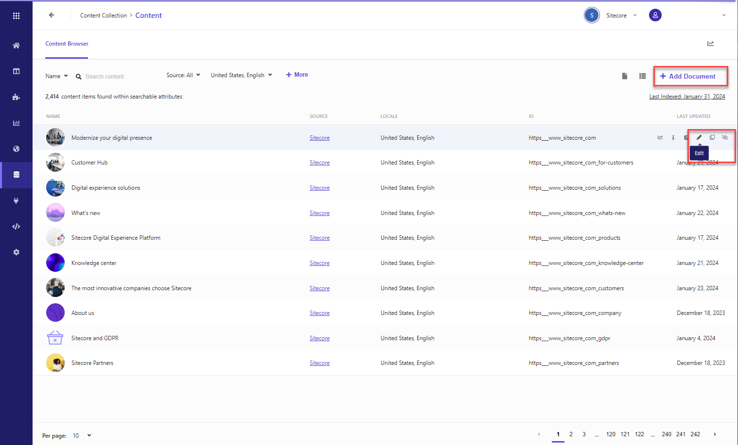 Shows the controls for managing items.