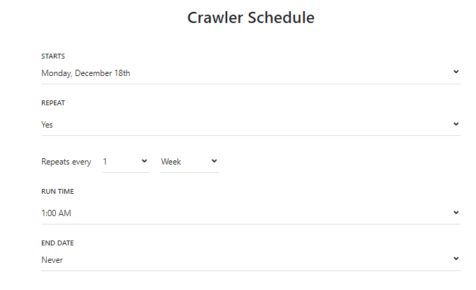 Shows the Crawler schedule window, with scheduling parameters.