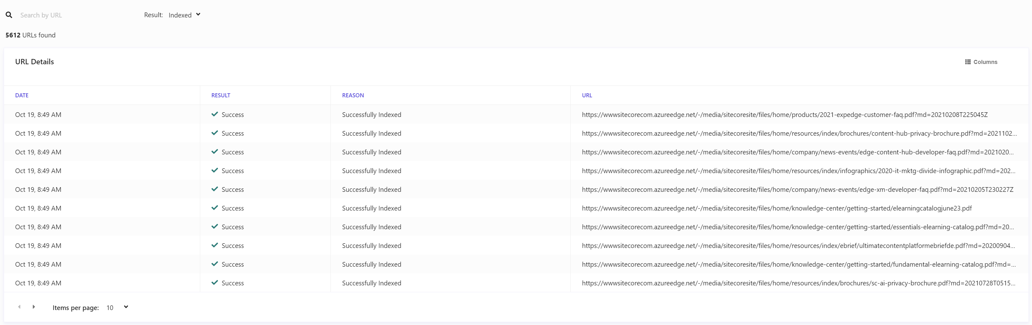 List of indexed URLs