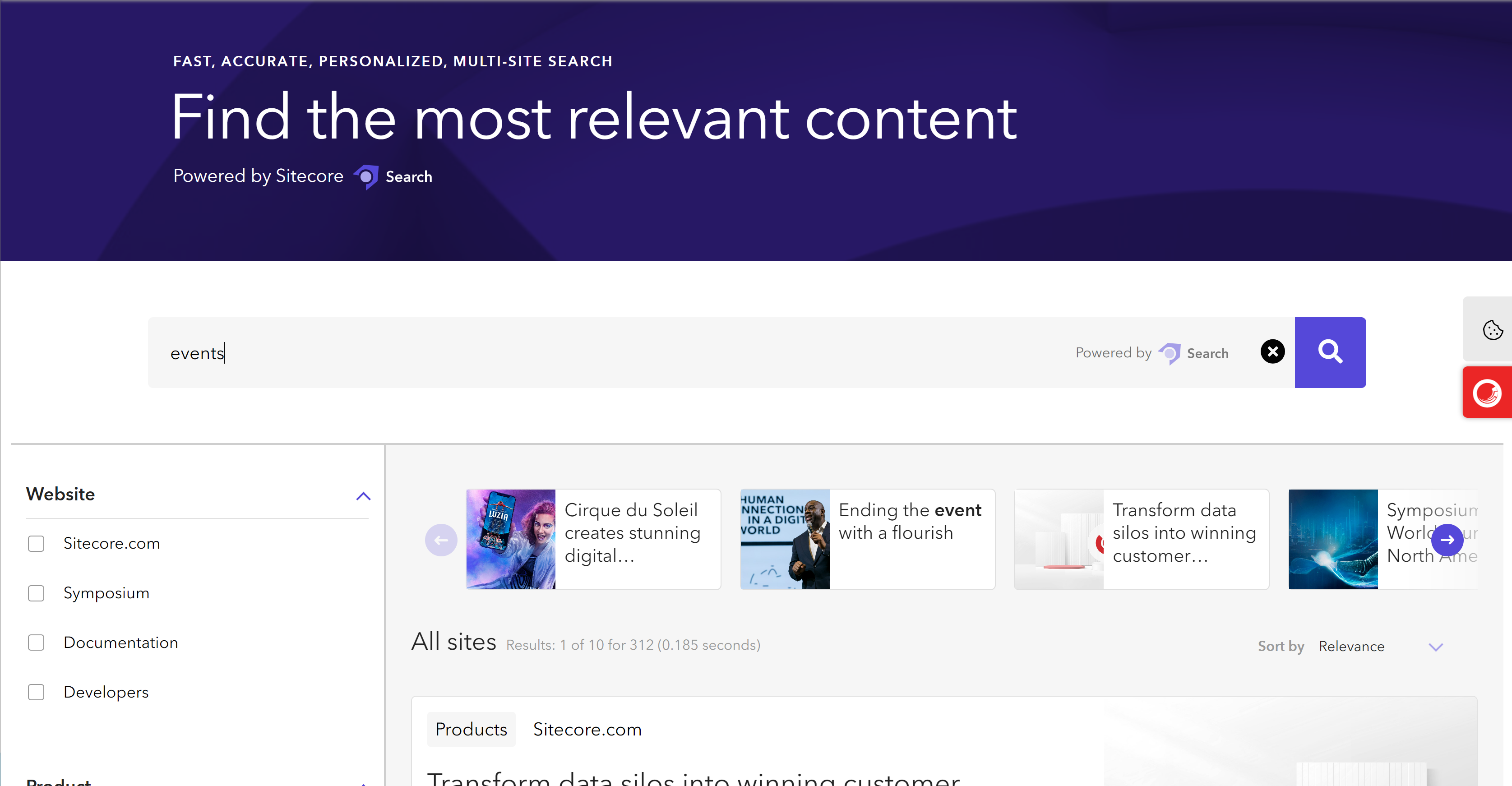 A search results experience with filters and recommendations carousel. A search results experience with filters and recommendations carousel.