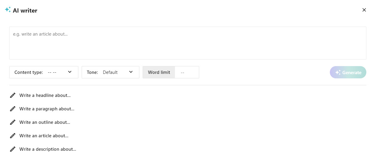 Screenshot of the AI writer for a text item. Screenshot of the AI writer for a text item.