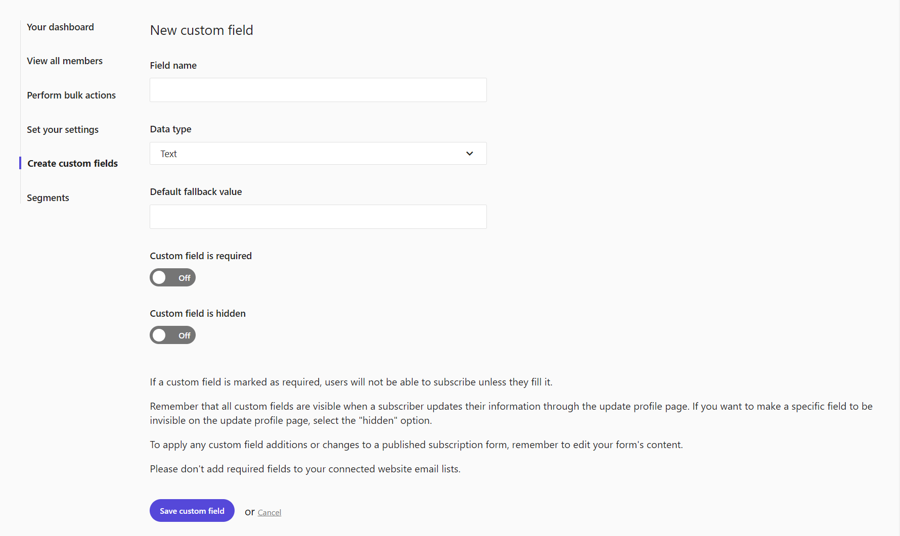 The New custom field page The New custom field page