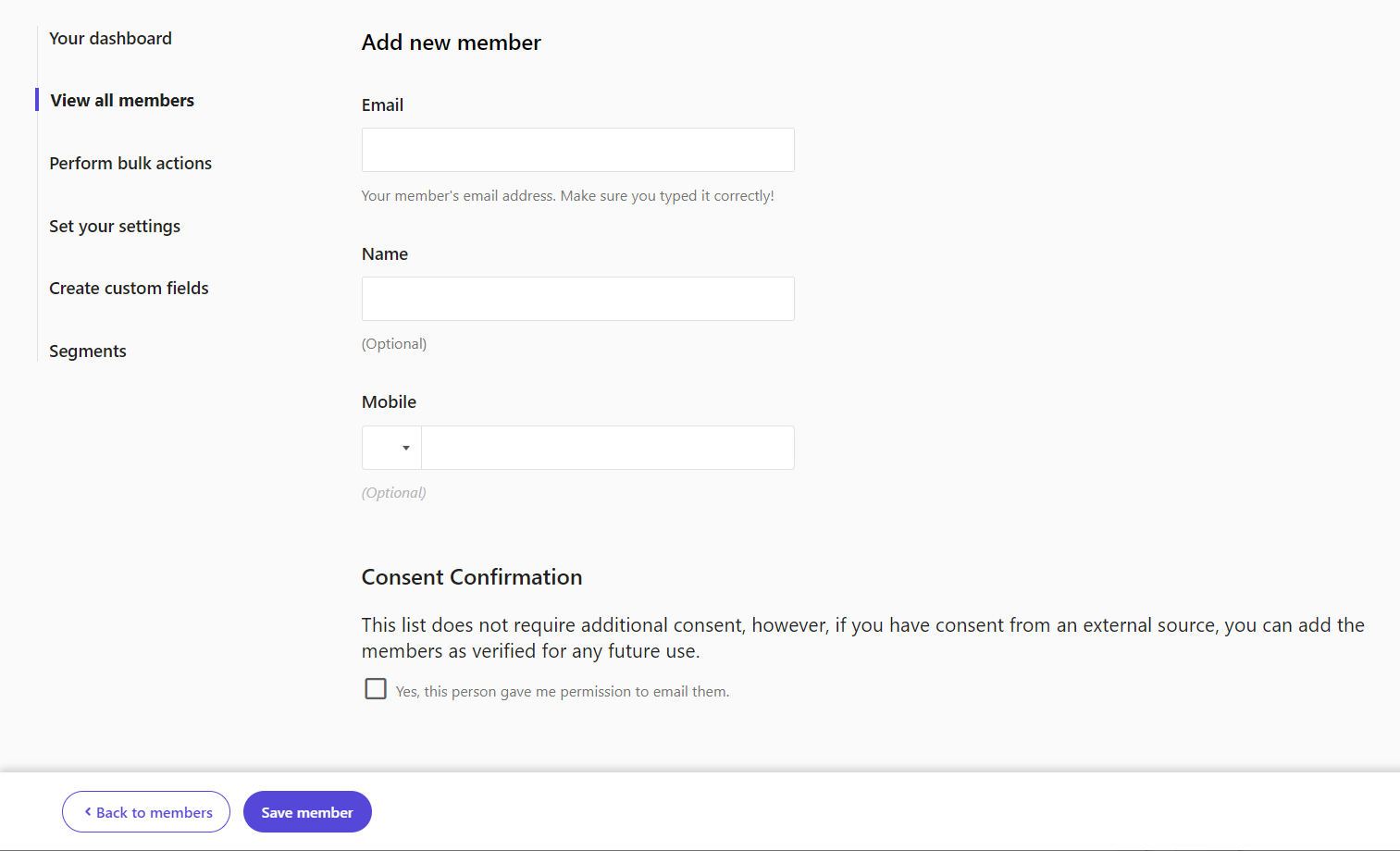 Add new member screen Add new member screen