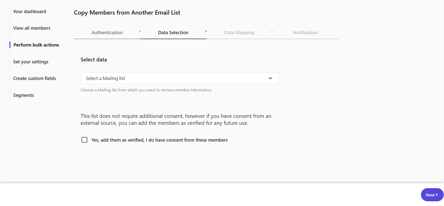 Data selection tab in the Copy Members from another Email list screen. Data selection tab in the Copy Members from another Email list screen.