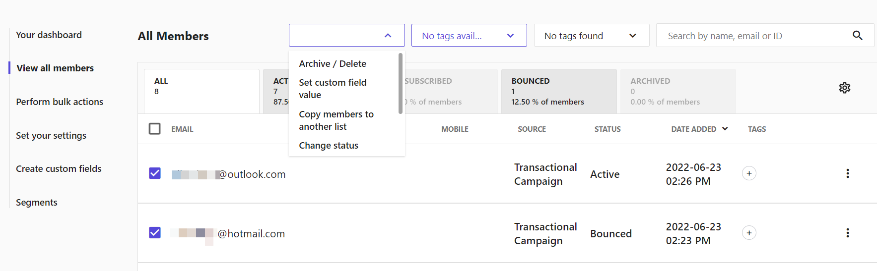 Selected contacts to copy to another email list Selected contacts to copy to another email list