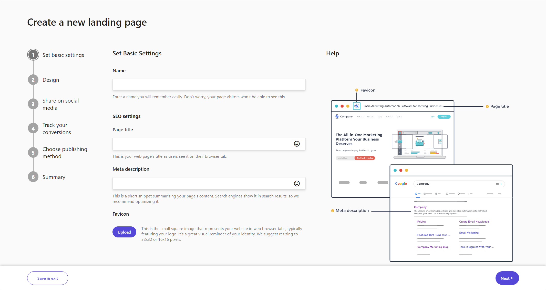 Set Basic Settings page for a landing page