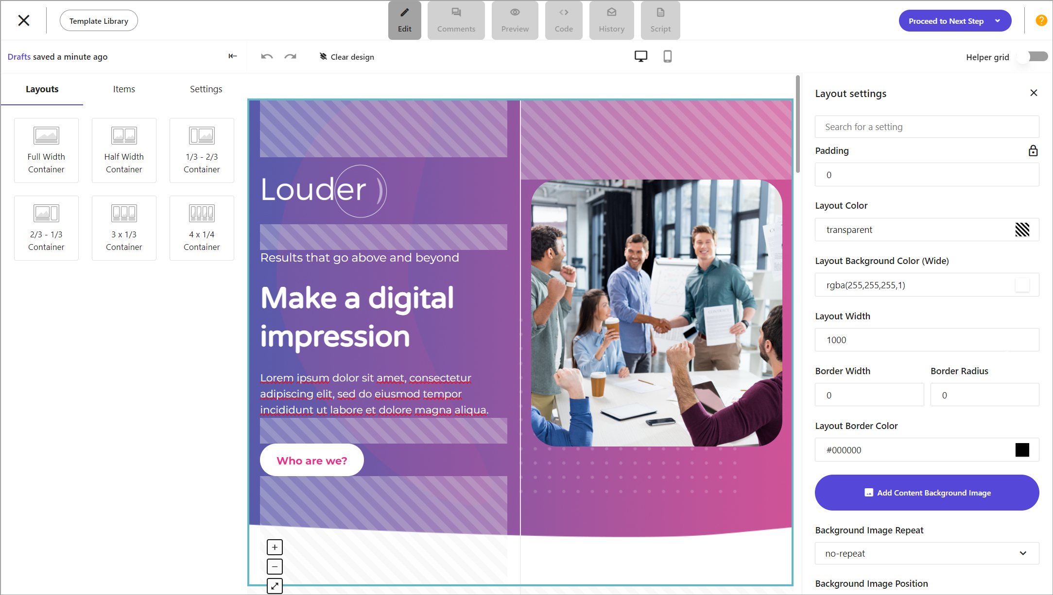 The landing page editor