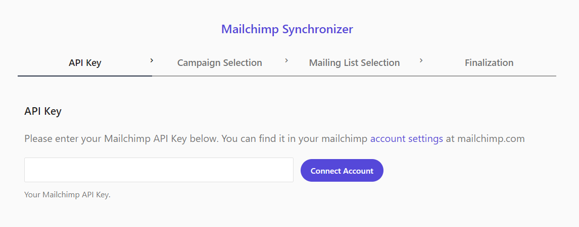 The API Key tab in the Mailchimp Synchronizer integration wizard The API Key tab in the Mailchimp Synchronizer integration wizard