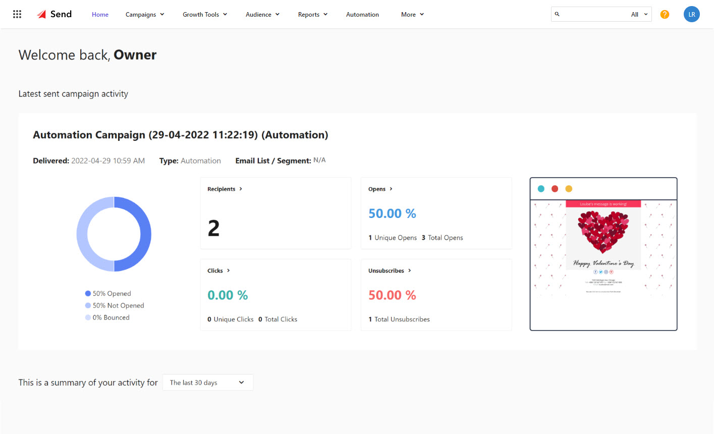 Latest sent campaign activity in the main dashboard