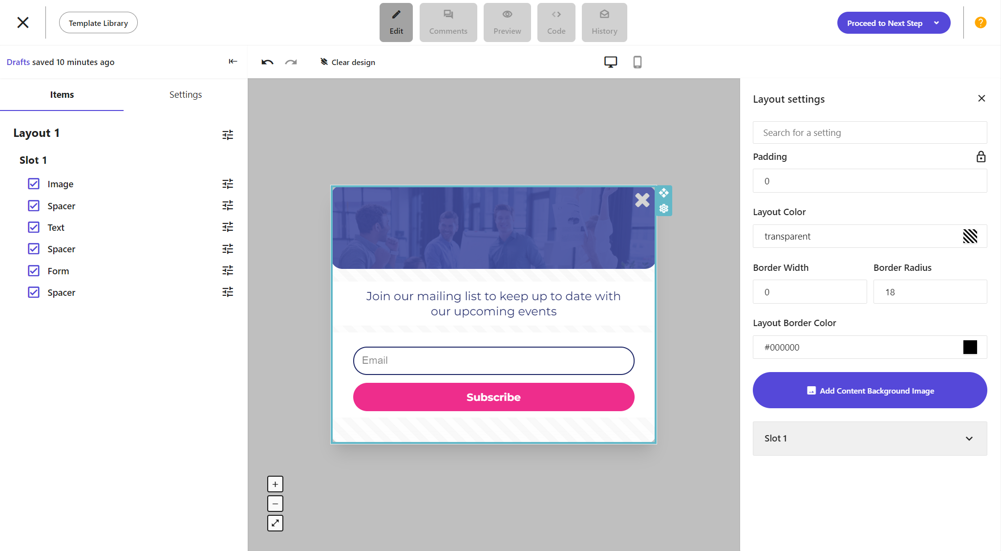 The subscription form editor The subscription form editor
