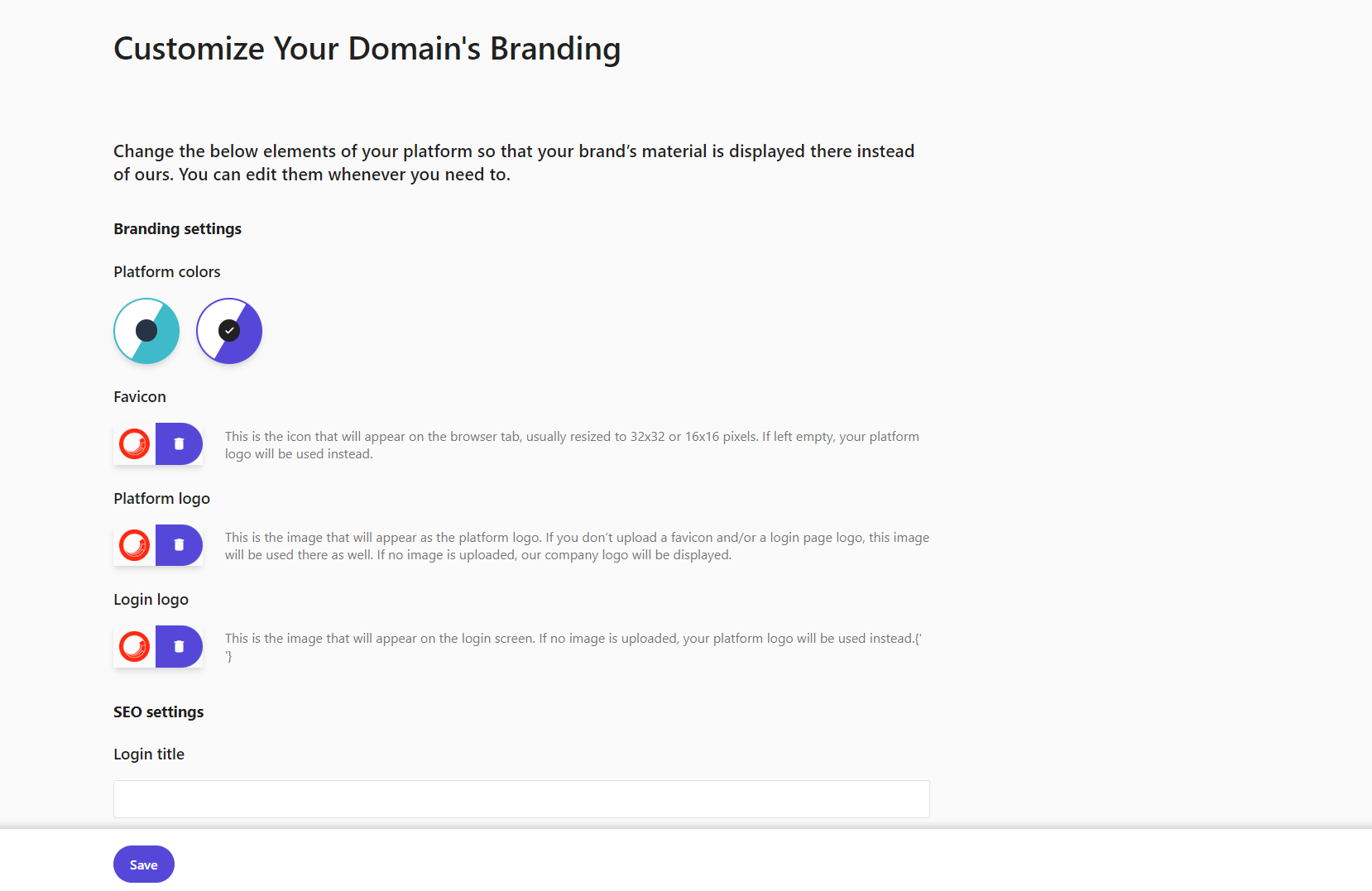 Settings to customize your platform domain's branding Settings to customize your platform domain's branding
