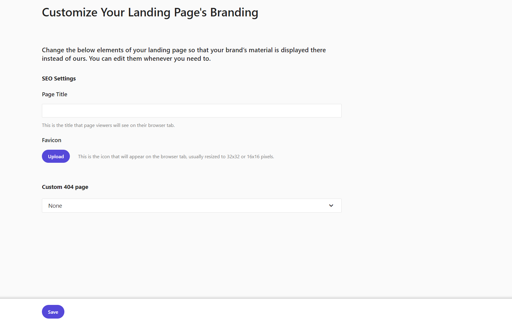 Settings to customize your landing page's branding
