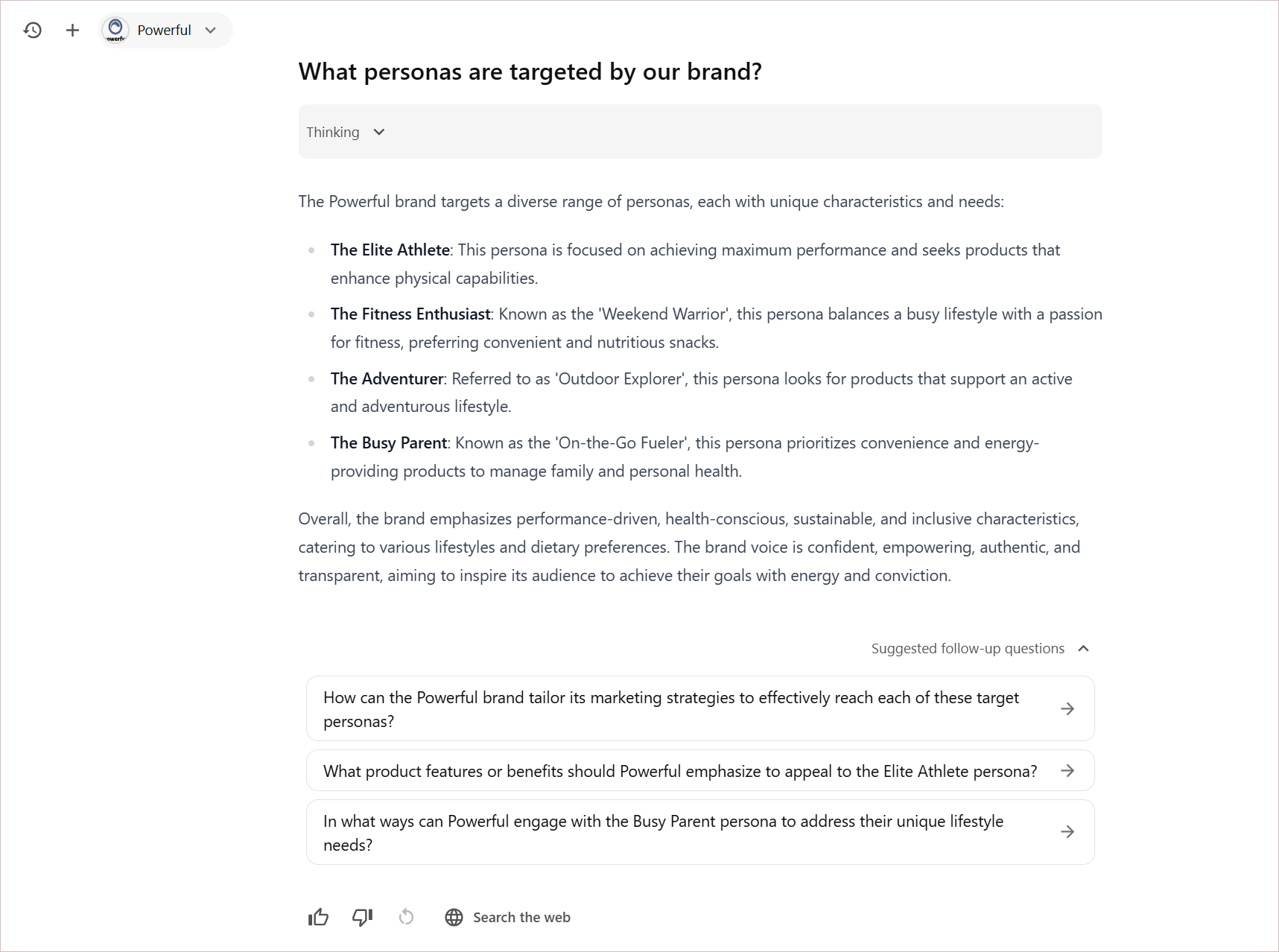 Example of a brand-aware chat response showing the ability of Brand Assistant to quickly reference brand information.