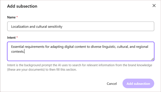 In the Add subsection dialog, enter the name and intent of your new subsection.