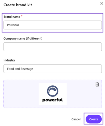Enter your brand's details and upload a logo, then click Create.